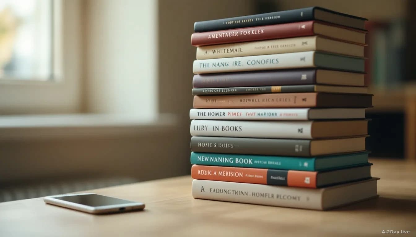 A tall stack of hardcover and paperback books on a plain wooden desk, soft natural light coming from a window to the left, a smartphone face-down beside the sta