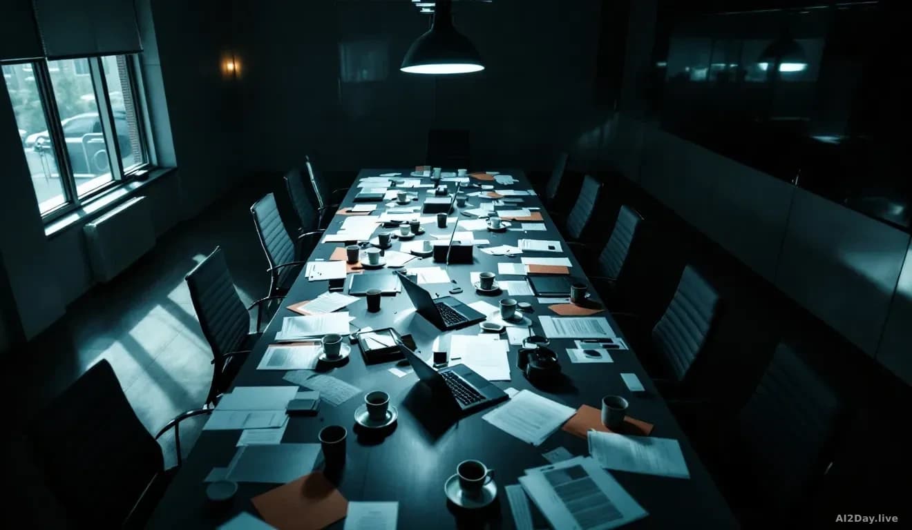 A dimly lit, windowless conference room seen from above at a slight angle, a long table covered with laptops and printed documents, overhead fluorescent lights 