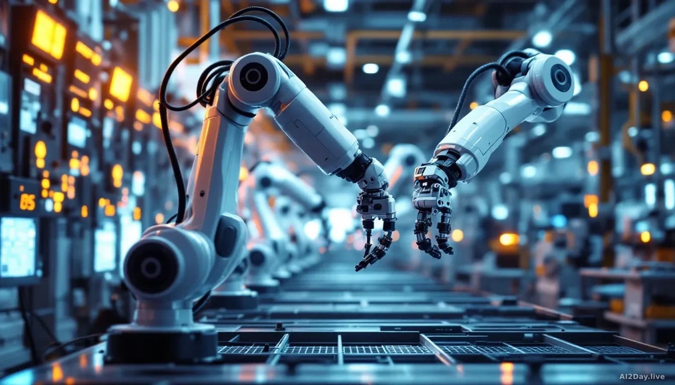 A clean, modern robotics assembly facility photographed from ground level, several articulated robotic arms at different heights caught mid-motion against a bac