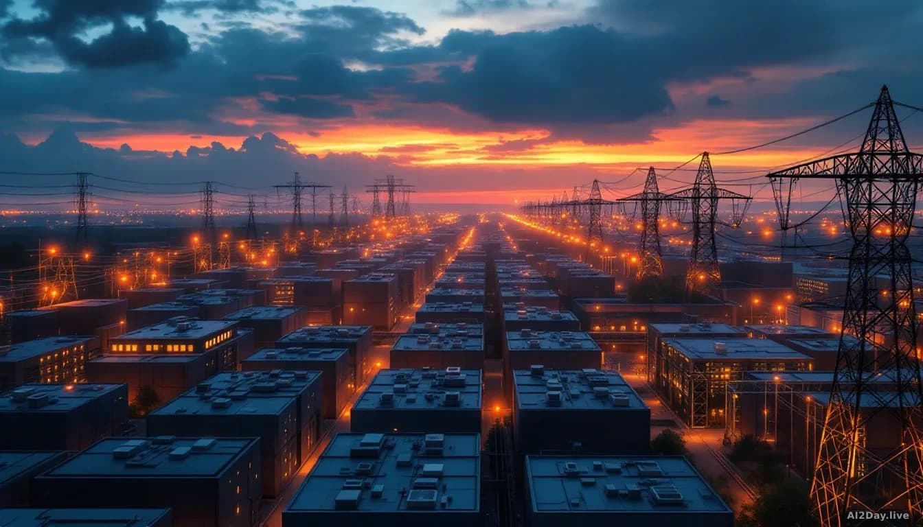 Aerial 16:9 view of a large modern data center campus at dusk, rows of grey server buildings with cooling units on rooftops, surrounded by high-voltage power tr