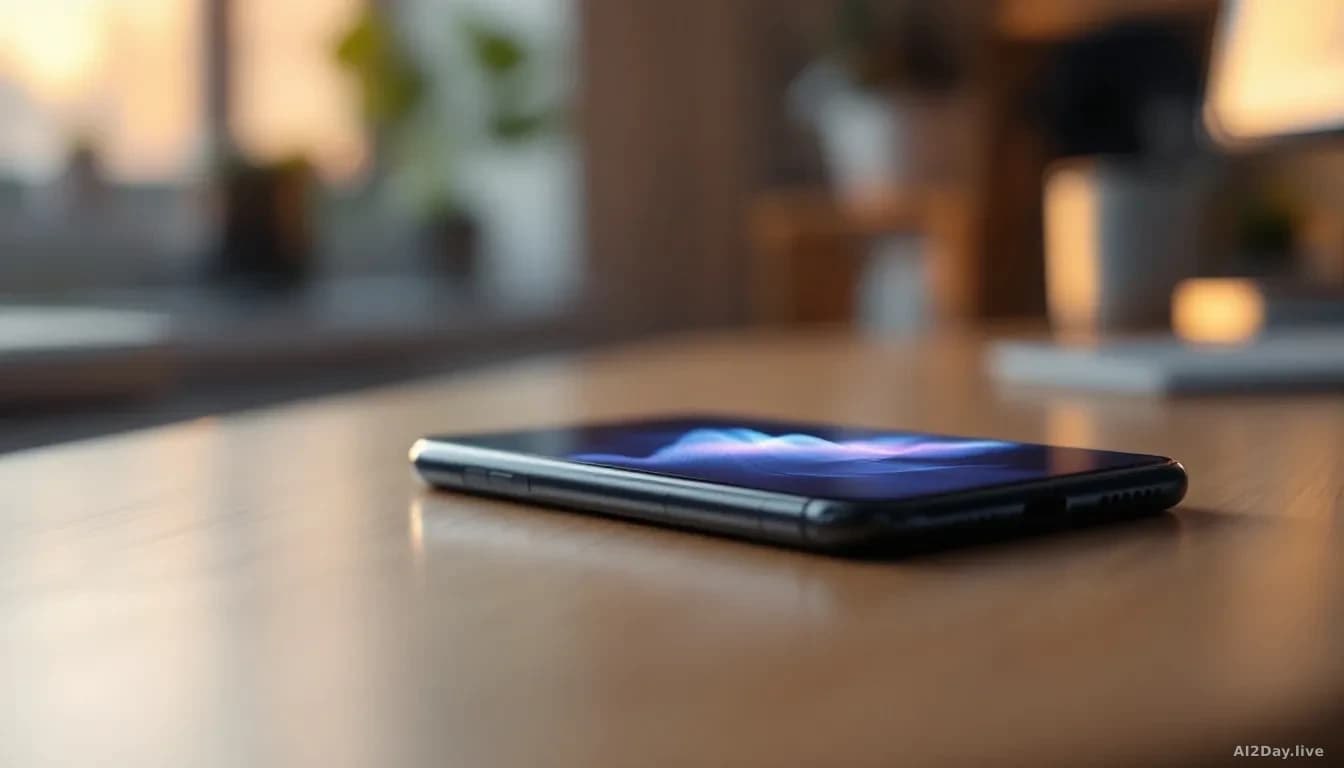 A close-up, photoreal, news-editorial 16:9 shot of a modern smartphone lying flat on a clean wooden desk, its screen glowing softly with an abstract waveform an