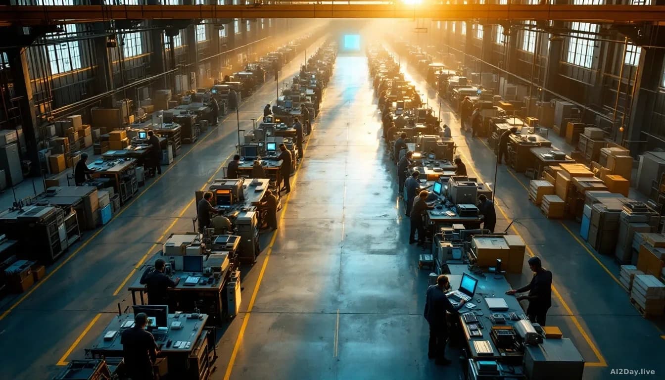 A wide factory floor shot from above in warm afternoon light, rows of idle assembly workstations with no workers present, a single glowing computer terminal at 