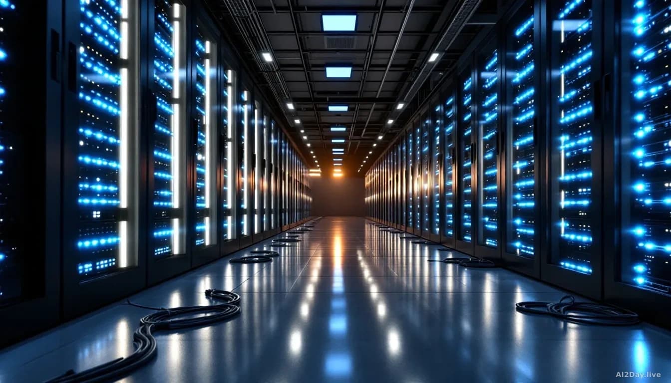 Photoreal news-editorial 16:9 image of a sleek, dimly lit server room filled with rows of glowing blue and white rack-mounted computers, cables running in order