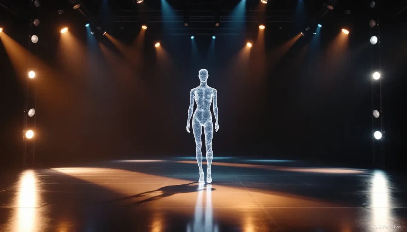 Full-frame photoreal editorial shot of an empty modern fashion runway before a show, warm stage lights casting long shadows on a polished floor, a single transl
