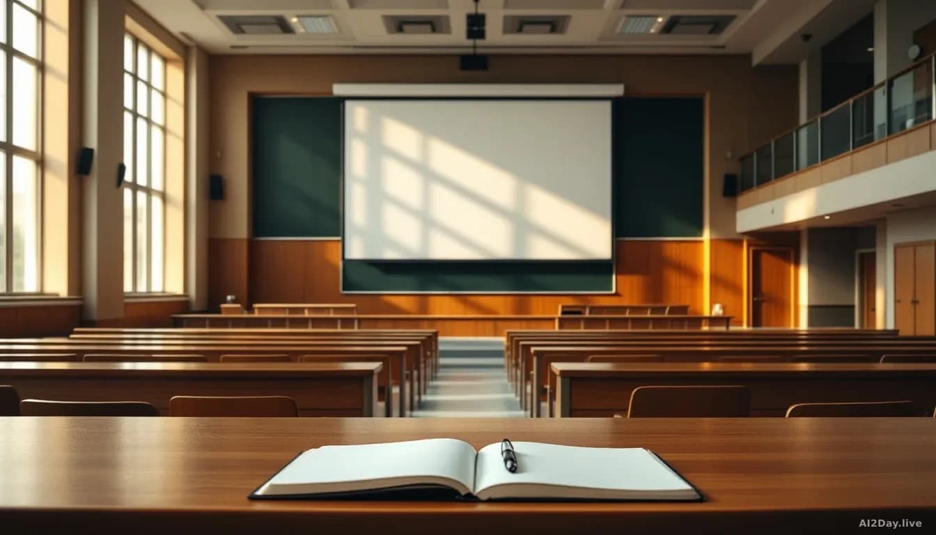 Full-frame editorial photograph of an empty modern university lecture hall with warm afternoon light coming through tall windows, wooden tiered seating, a blank