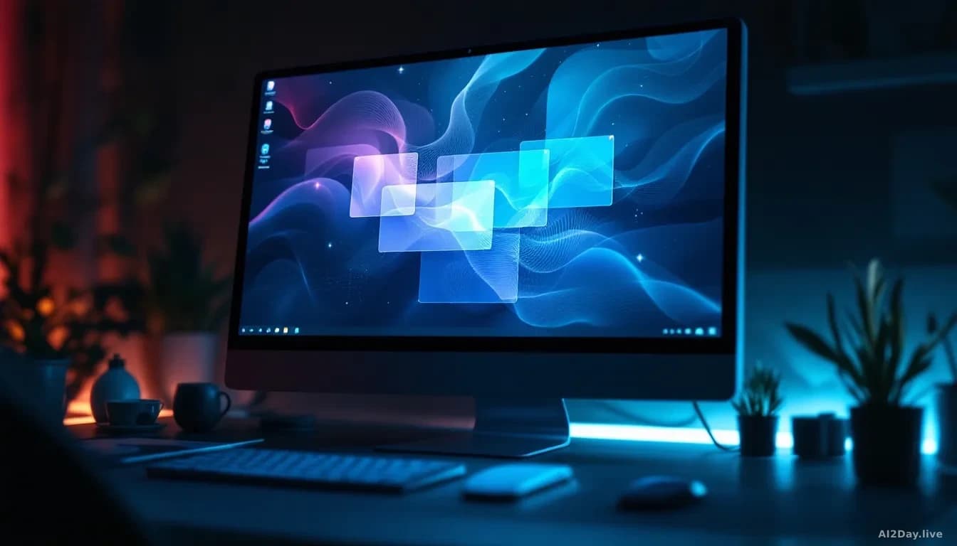 A glowing desktop computer monitor displaying a clean, geometric Linux-style interface with shifting abstract panel layouts, surrounded by soft ambient light in
