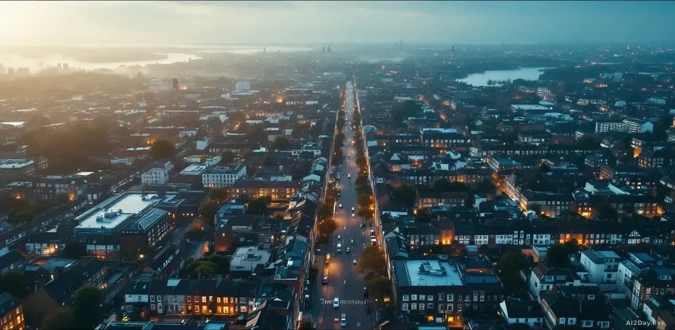 Aerial 16:9 editorial photograph looking straight down over a dense British city at dawn, a soft amber haze of smog visible between rows of terraced houses and 