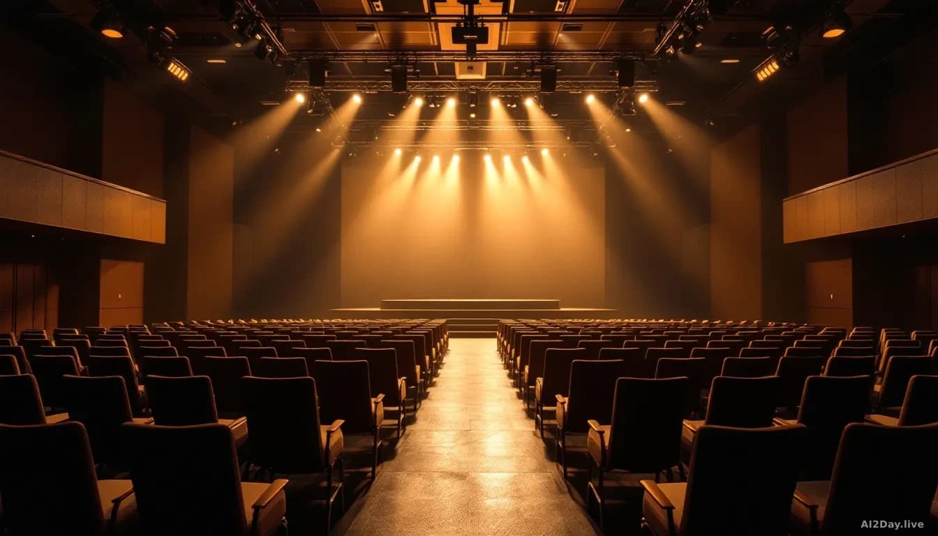 A vast empty conference hall with rows of chairs facing a brightly lit stage podium, dramatic overhead lighting casting long shadows across the floor, no people