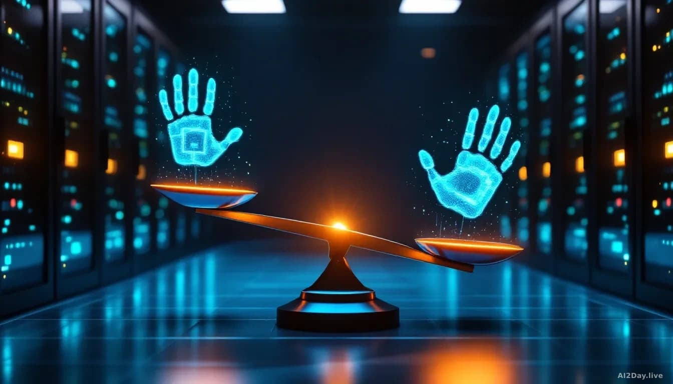A large glowing scale balanced in the centre of a dark server room, one side holding a bright geometric AI chip and the other a translucent human handprint, blu