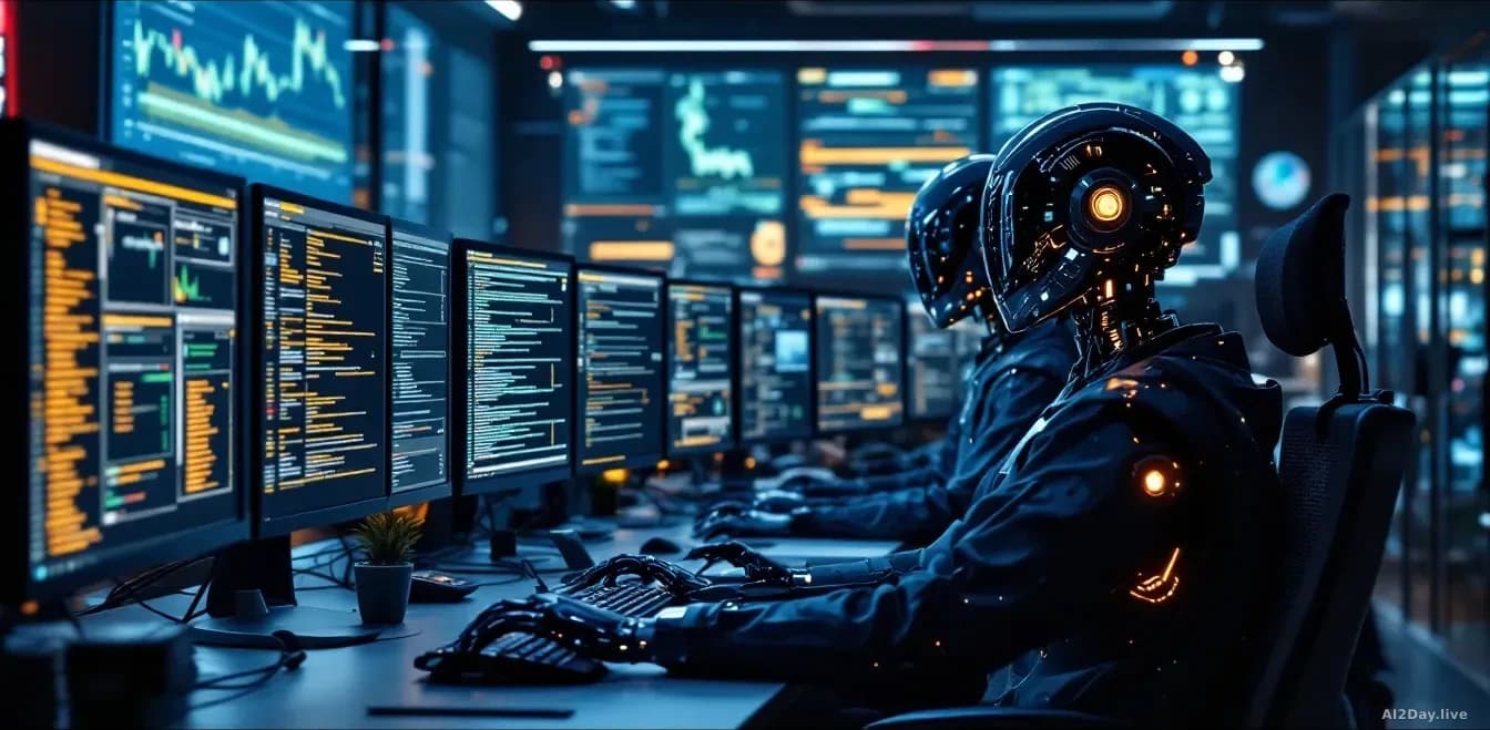 AI agents in a security operations center, sorting alerts on multiple screens, modern tech environment