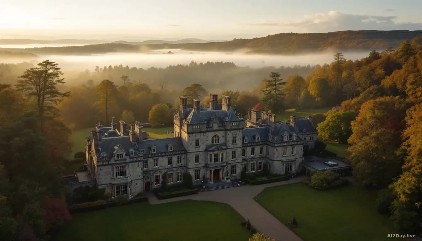Aerial view of a grand Scottish highland estate at dusk, warm golden light falling across stone architecture and manicured grounds, mist clinging to forested hi