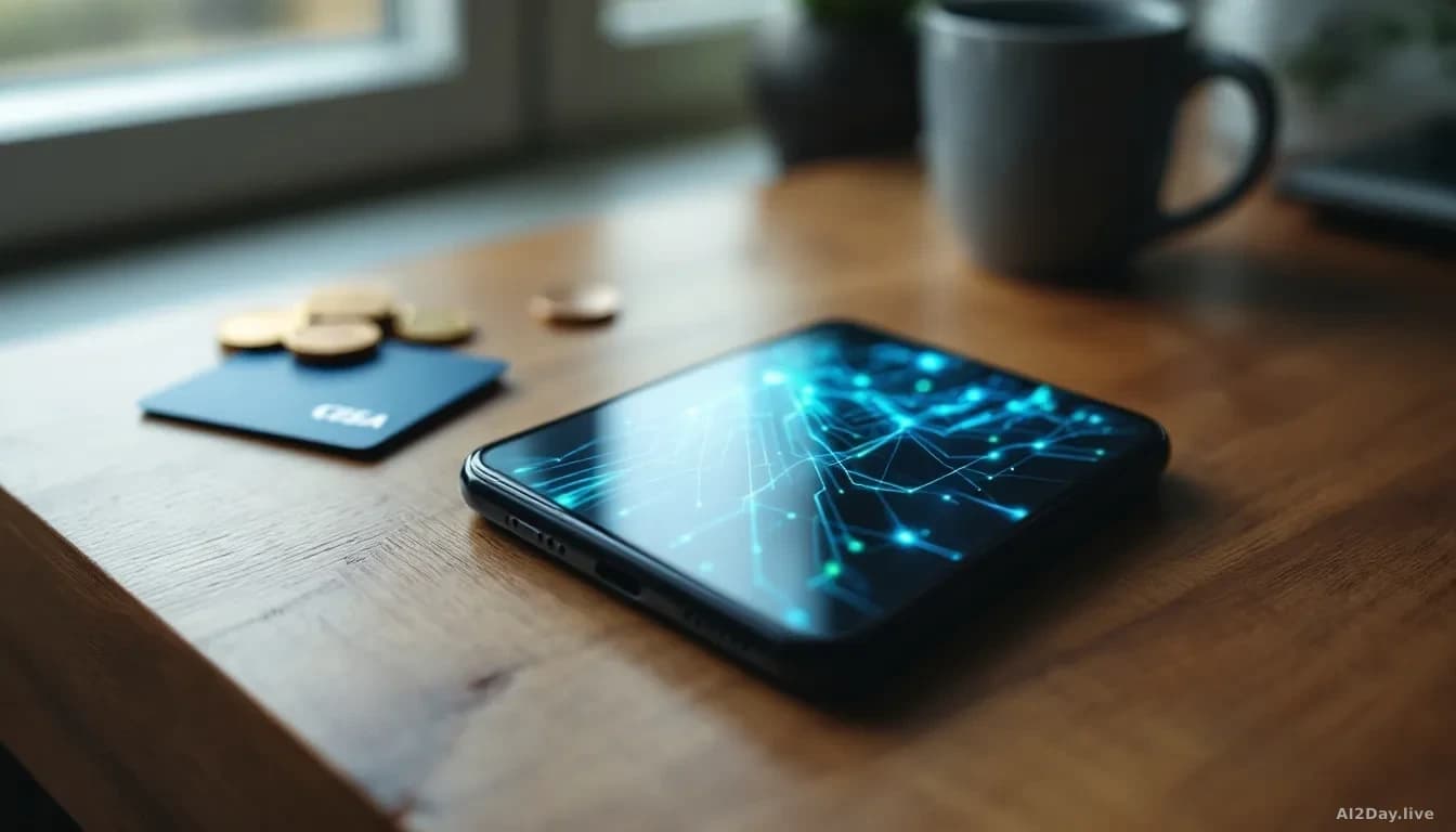 A close-up top-down view of a smartphone resting on a wooden desk, its screen showing abstract flowing lines of light in blue and green suggesting data movement
