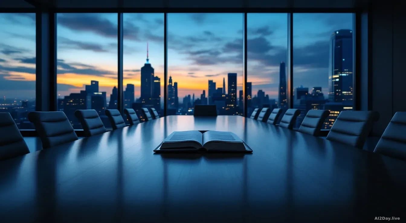 A large, empty boardroom with floor-to-ceiling windows overlooking a city skyline at dusk, a single open folder of documents on the long conference table, harsh