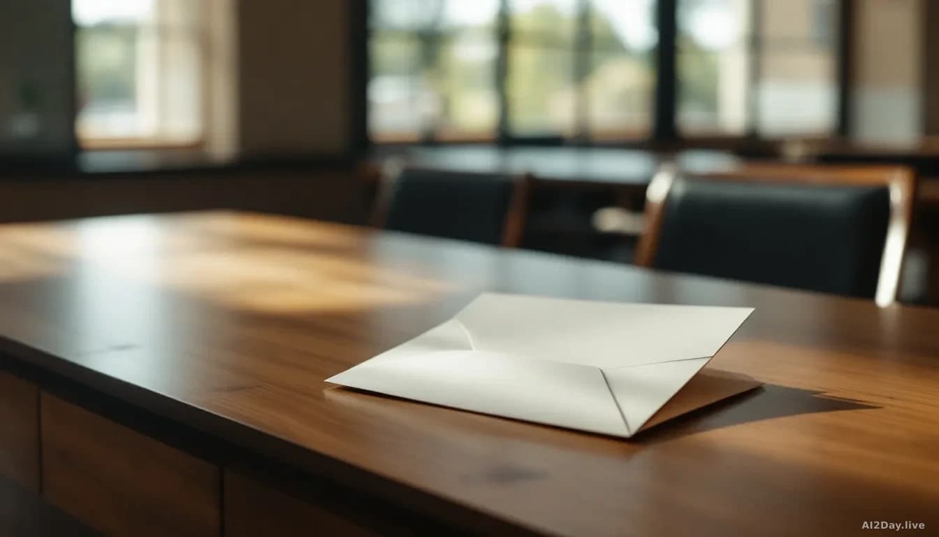 A plain wooden parliamentary desk with a single opened envelope and a handwritten letter resting on it, soft diffused natural light from a tall window, Australi