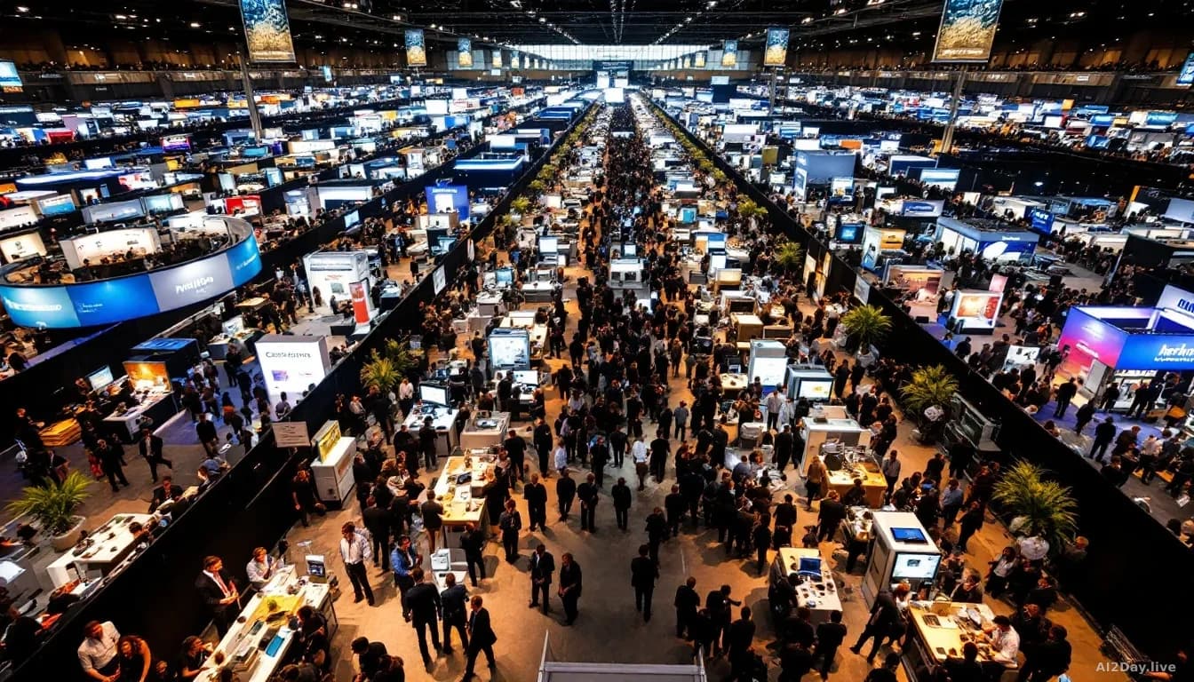 A vast convention center expo floor photographed from above at a slight angle, packed with rows of illuminated booths, crowds of professionals in business casua