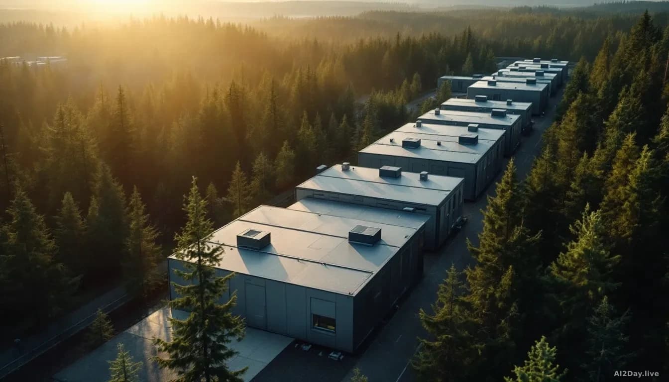 Aerial 16:9 editorial photograph of a row of compact modular data center buildings surrounded by Nordic pine forest, late afternoon light casting long shadows a