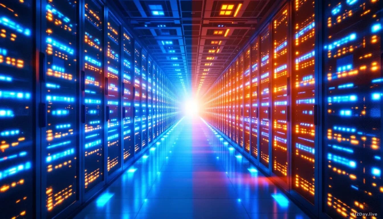 A split-composition photograph showing two rows of identical server racks receding into the distance from opposite sides of the frame, meeting at a central vani