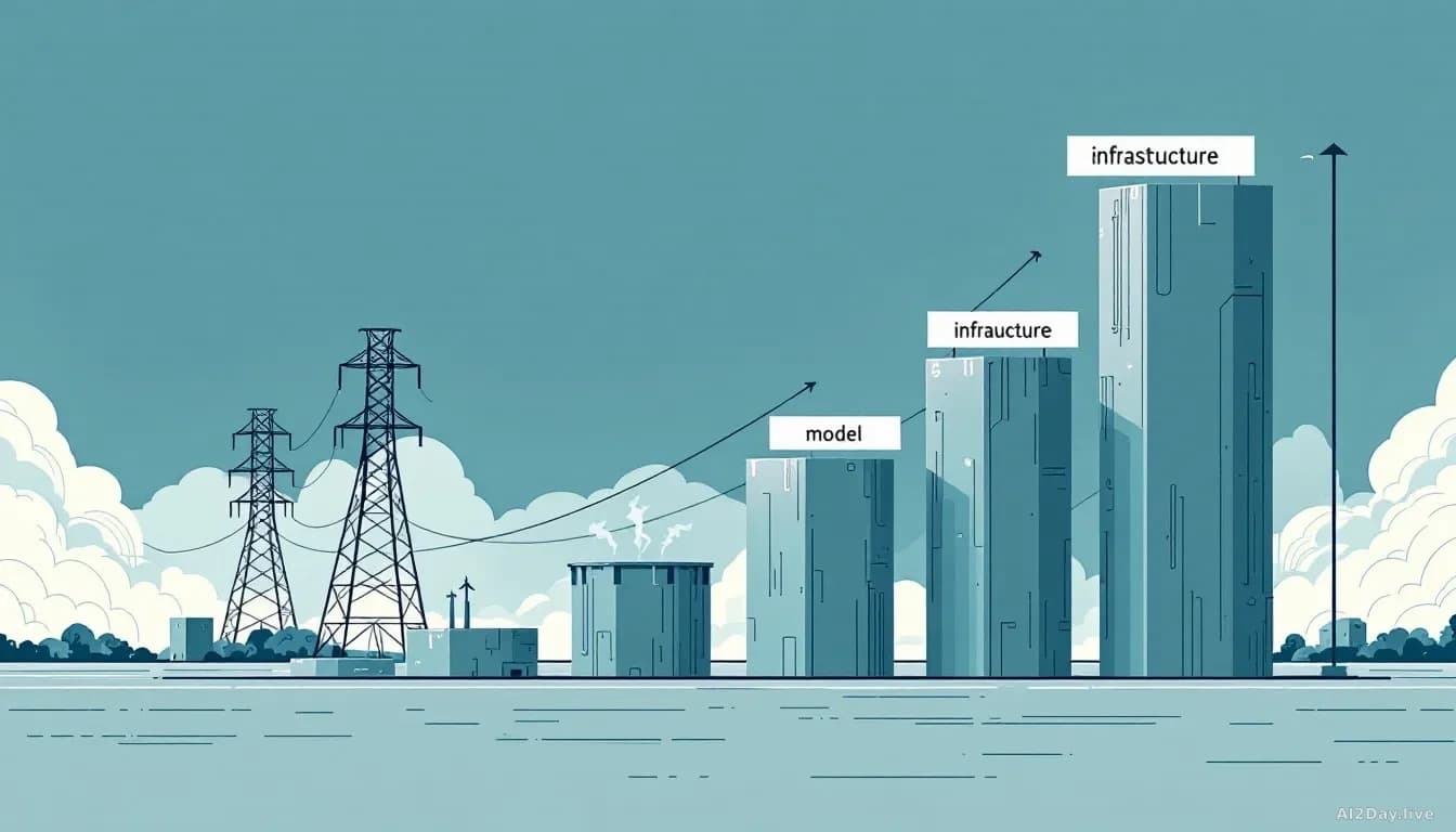 Abstract editorial illustration: a bar chart where one bar labelled 'infrastructure' suddenly grows into a power pylon and cooling tower, dwarfing smaller bars 