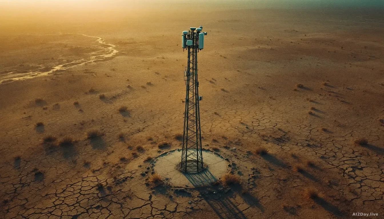 Aerial 16:9 photograph of a flat desert landscape at dusk, a single tall metal surveillance tower with cameras and sensors standing in the scrubland, long shado
