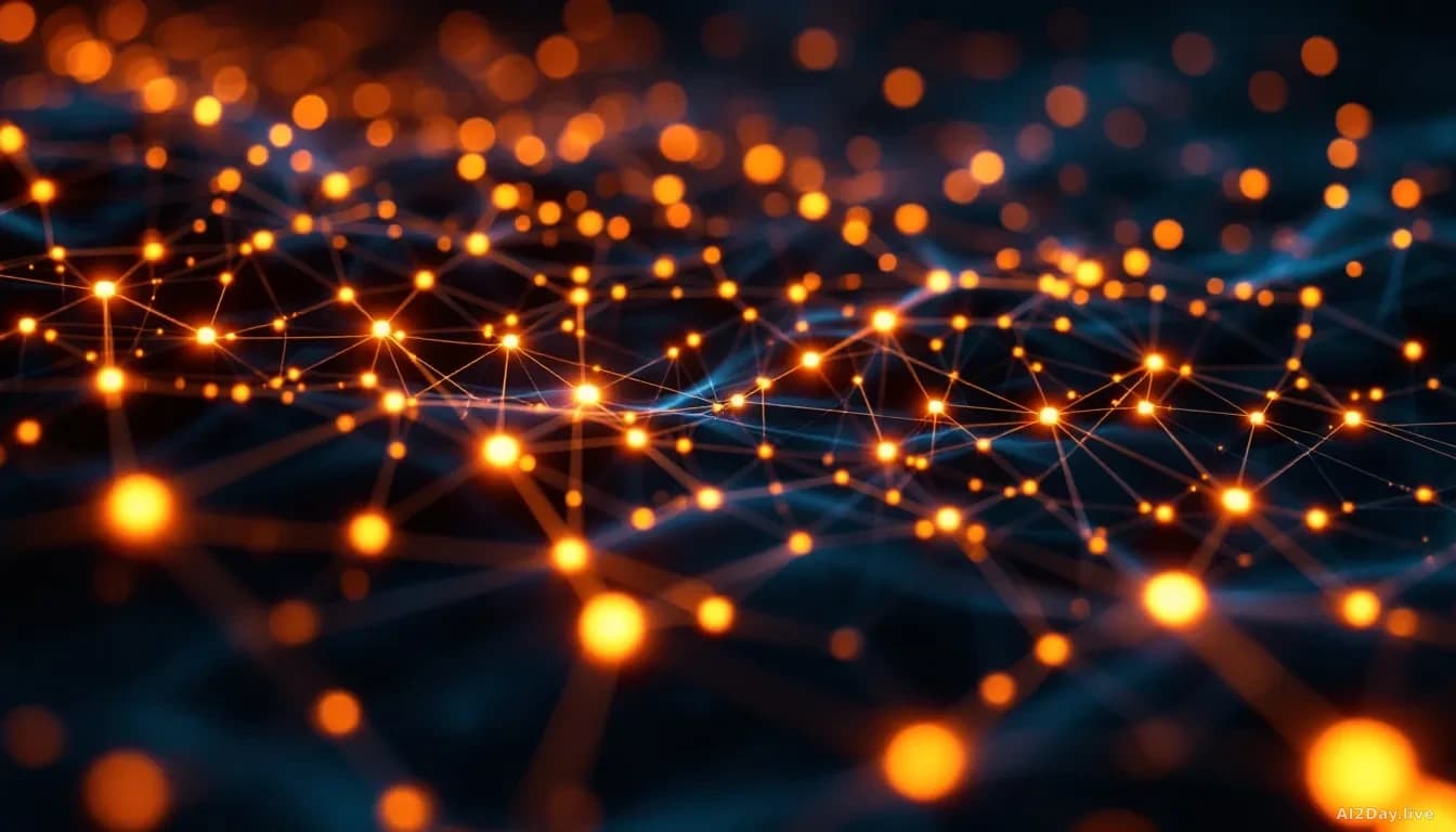 Extreme close-up, 16:9, photoreal editorial style, a glowing three-dimensional grid of interconnected nodes arranged in deep layers, some nodes and their connec