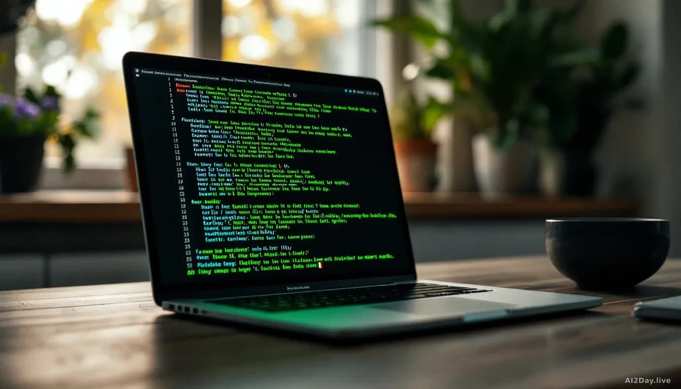 A MacBook Pro laptop on a wooden kitchen table, its screen glowing with green scrolling text output in a terminal window, soft warm morning light coming through