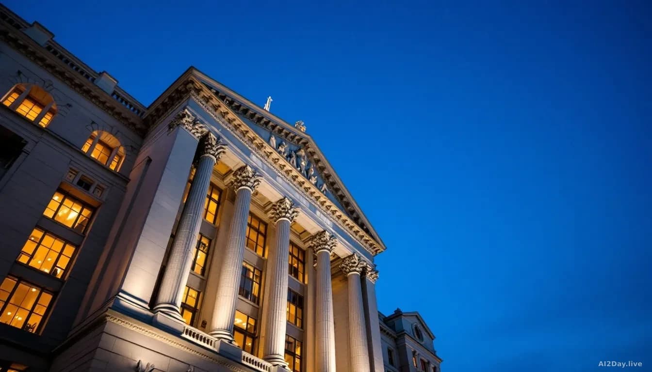 A large government building made of pale stone, photographed at dusk from ground level looking up, with warm amber interior lights visible through tall windows 