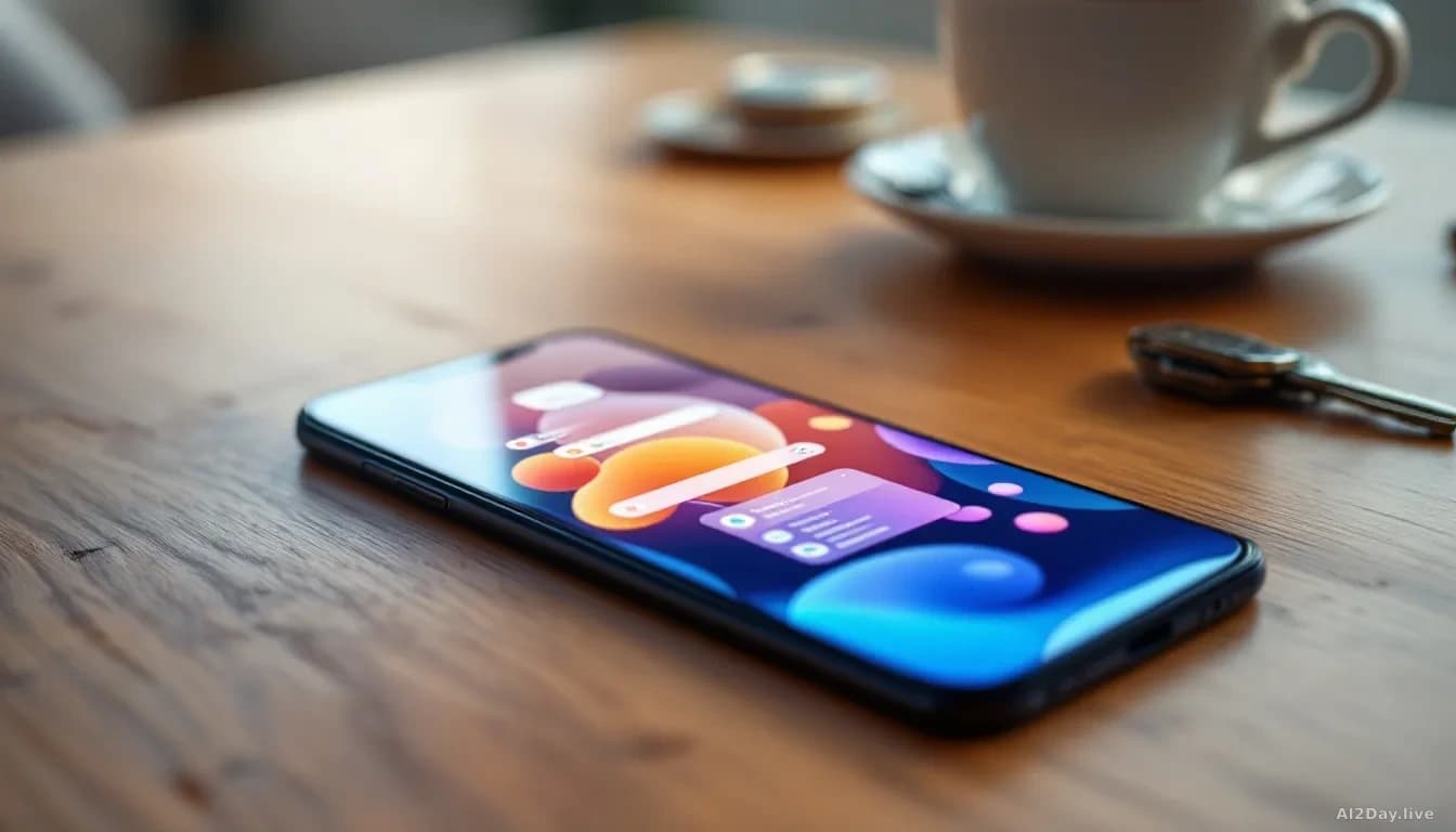 A sleek smartphone lying flat on a wooden kitchen table, its screen glowing with a soft abstract interface of coloured bubbles and task cards, a cup of coffee a
