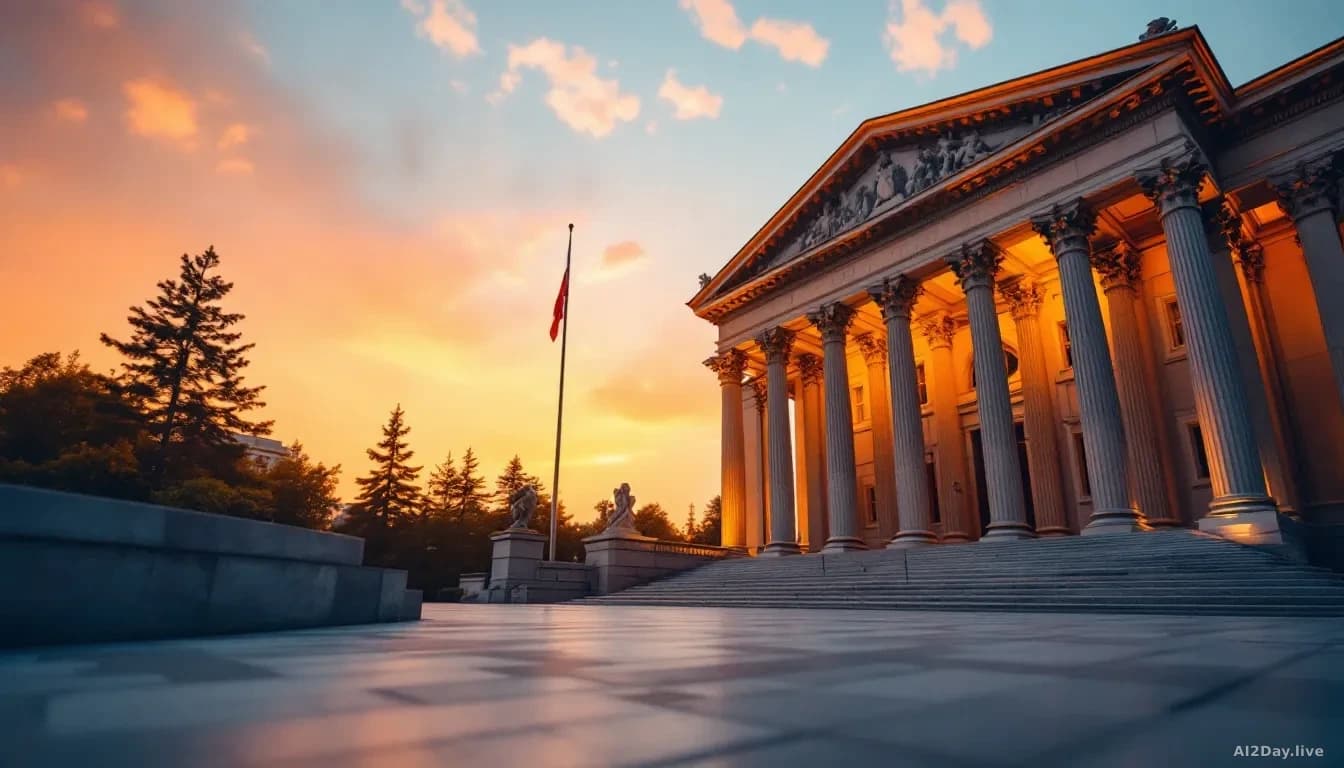 A wide 16:9 editorial photograph of the exterior of a grand neoclassical government building at dusk, warm amber light falling across stone columns, an empty fl