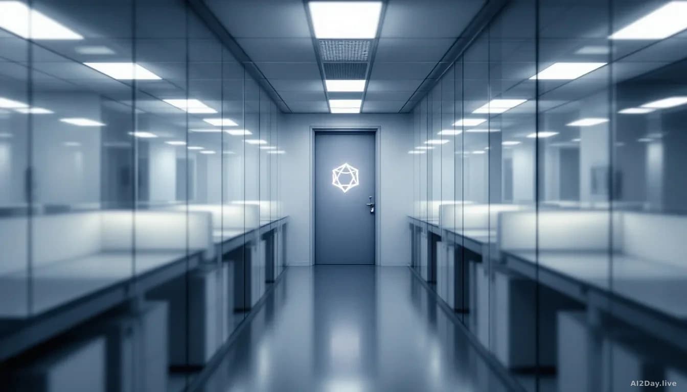 A long modern office corridor with rows of empty desks on one side and a single illuminated frosted-glass door marked with a faint geometric icon, shot in cool 