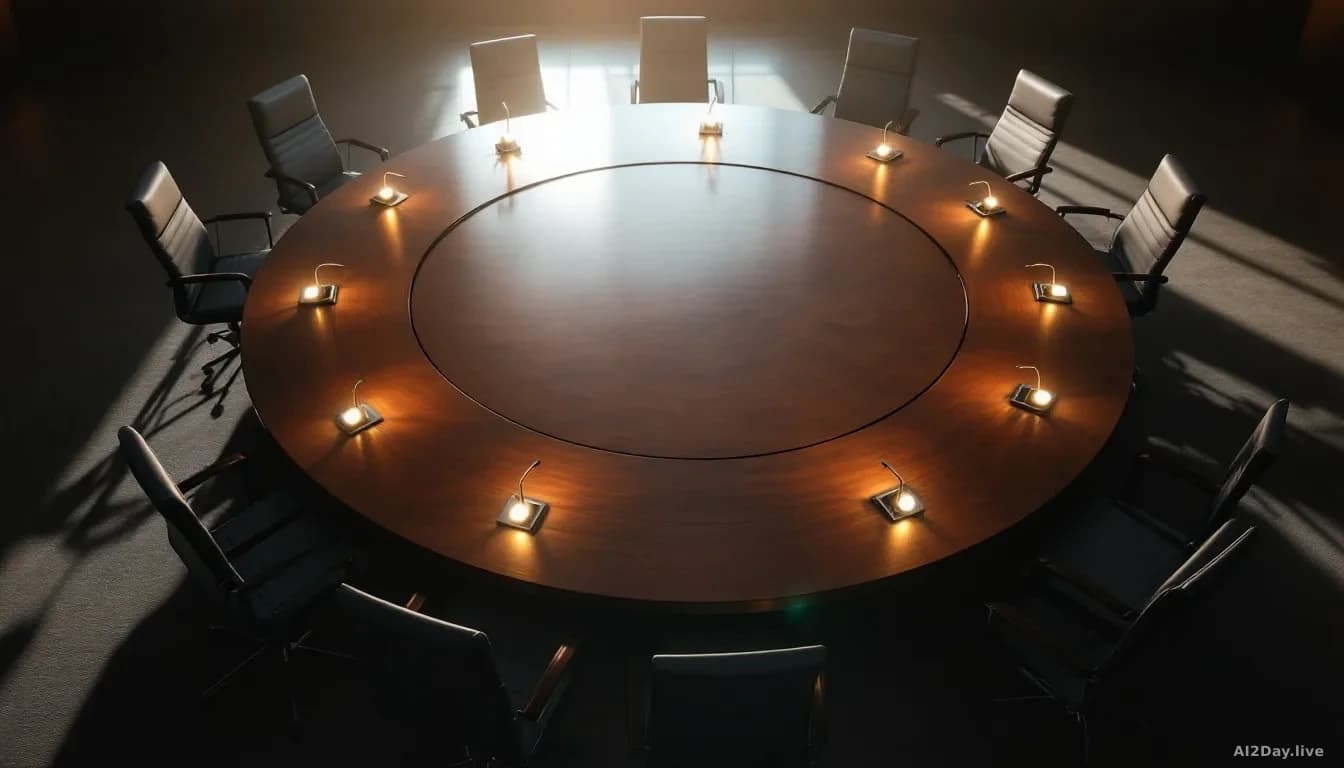 A large circular conference table viewed from directly above, eight empty chairs evenly spaced around it, each with a small glowing microphone in front of it, s
