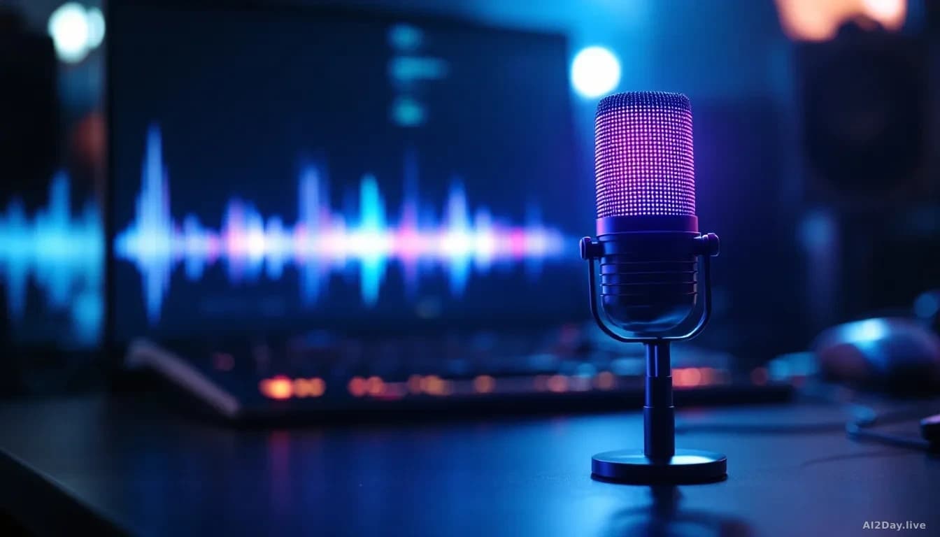 A photoreal editorial still of a modern recording studio microphone glowing with soft blue and violet light, wrapped in faint translucent waveforms suggesting s