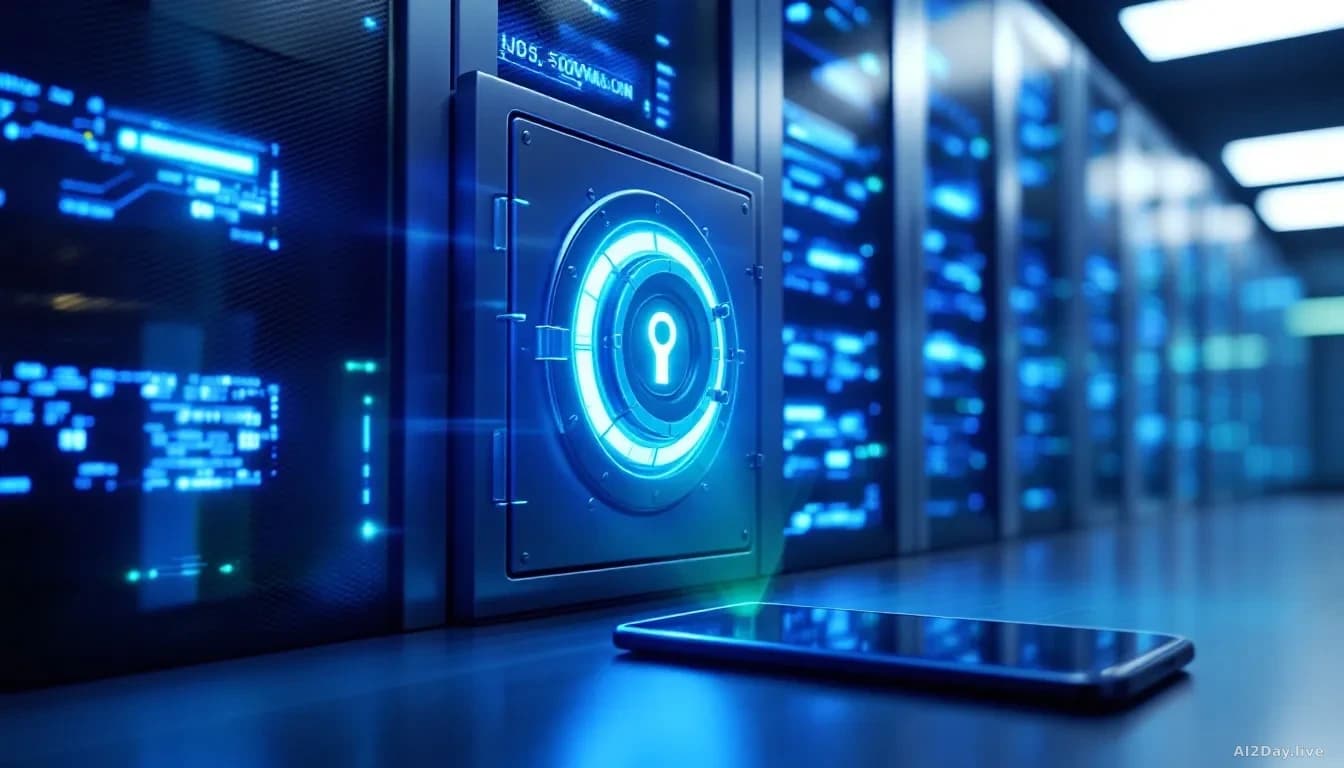 Photoreal editorial shot of a modern server rack with a single glowing translucent vault door embedded in it, cool blue and steel colour palette, subtle green k