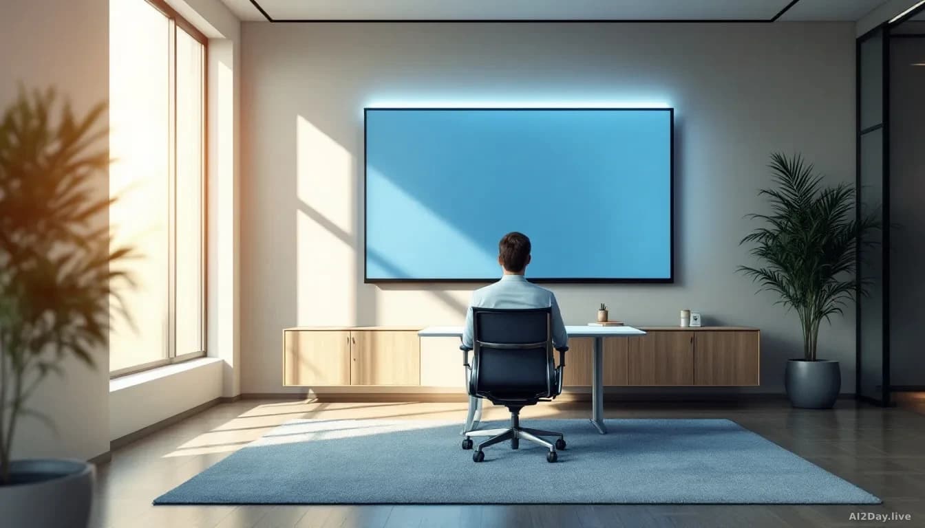 A modern office meeting room with a single large glass-fronted 3D display showing a life-sized upper body of a business professional rendered with realistic dep