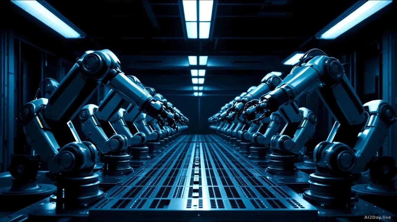 A dense grid of identical robotic arms arranged in rows on a dark industrial surface, each arm in a slightly different pose, lit by cool blue and white overhead