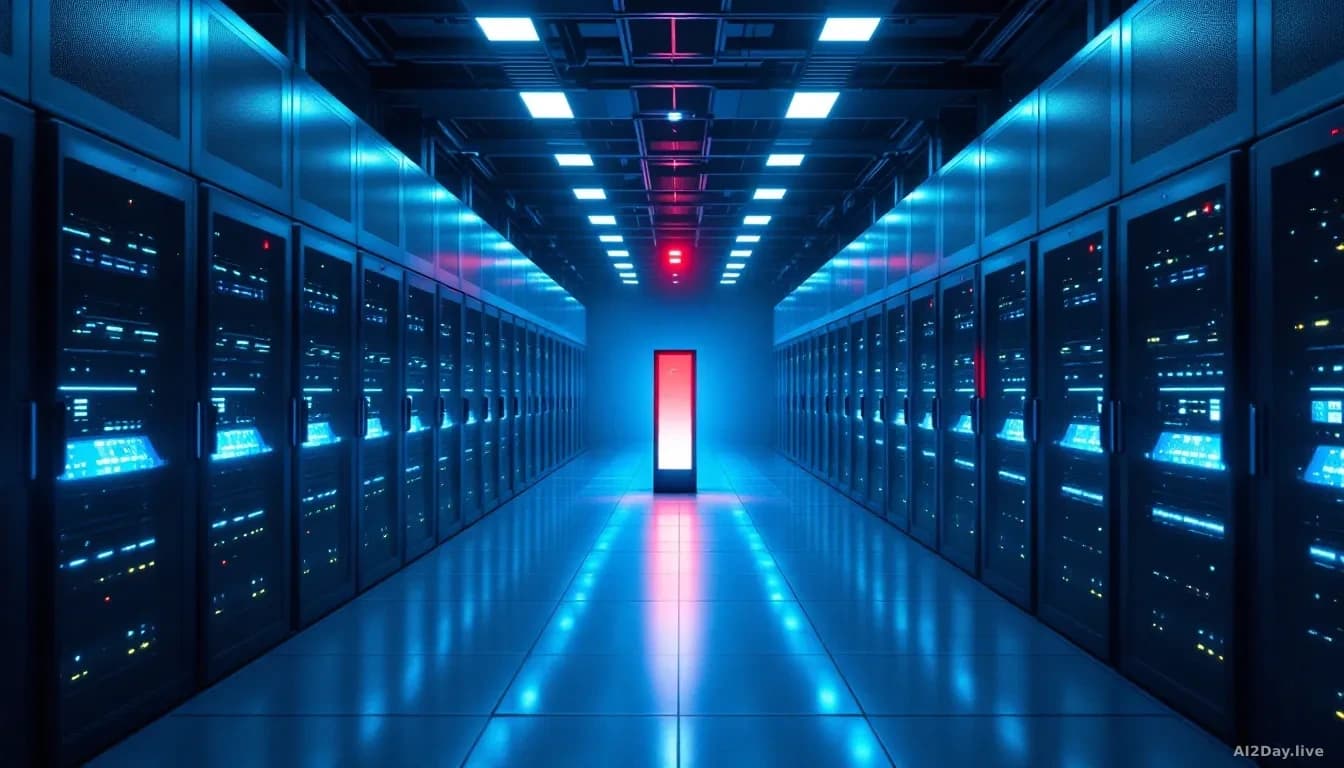 A stark overhead 16:9 photograph of a large server room bathed in cold blue light, rows of black server racks receding into the distance, a single illuminated w