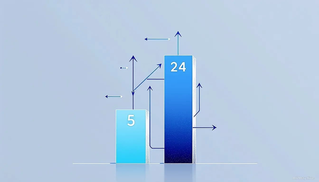 Abstract bar chart illustration showing two bars side by side, a short bar labelled 5 and a towering bar labelled 24, rendered in bold editorial colours with fa