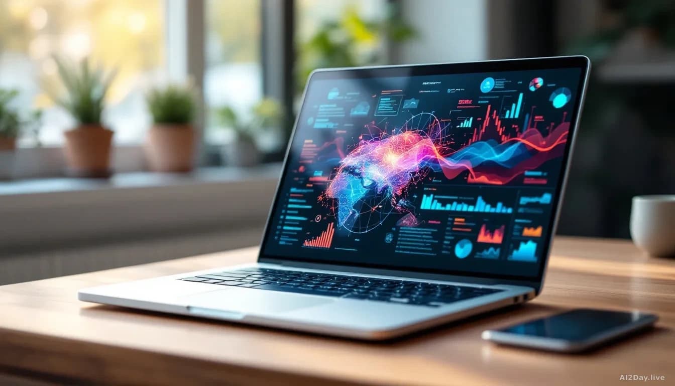 Close-up overhead view of a modern laptop on a wooden desk, its screen glowing with abstract colourful data visualisations suggesting image recognition, soft na