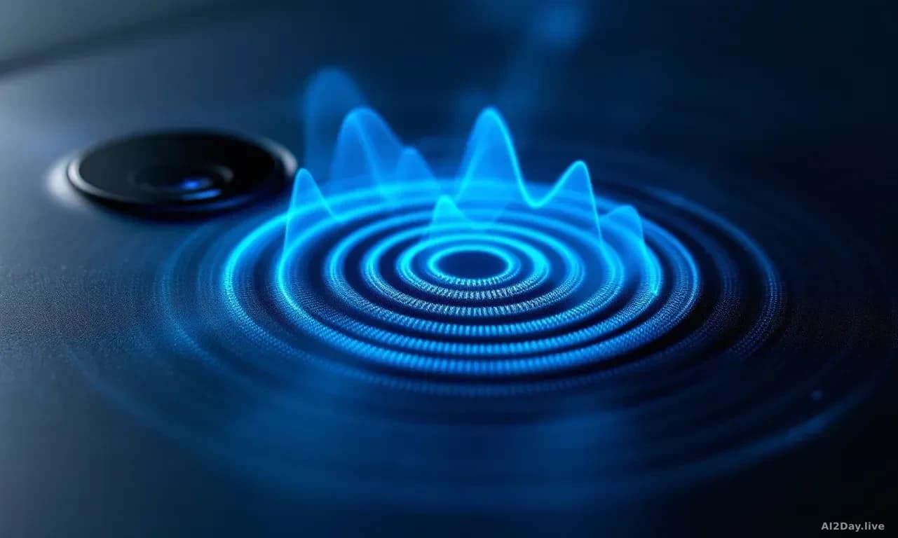 Extreme close-up of a smartphone microphone grille with sound waves visualised as glowing blue ripples emanating outward across a dark matte surface, sharp prod