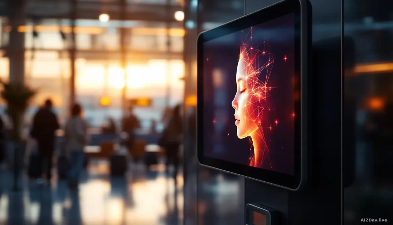 Full-frame editorial photograph of a modern airport self-service kiosk in a softly lit terminal, a large vertical screen glowing with an abstract animated face 