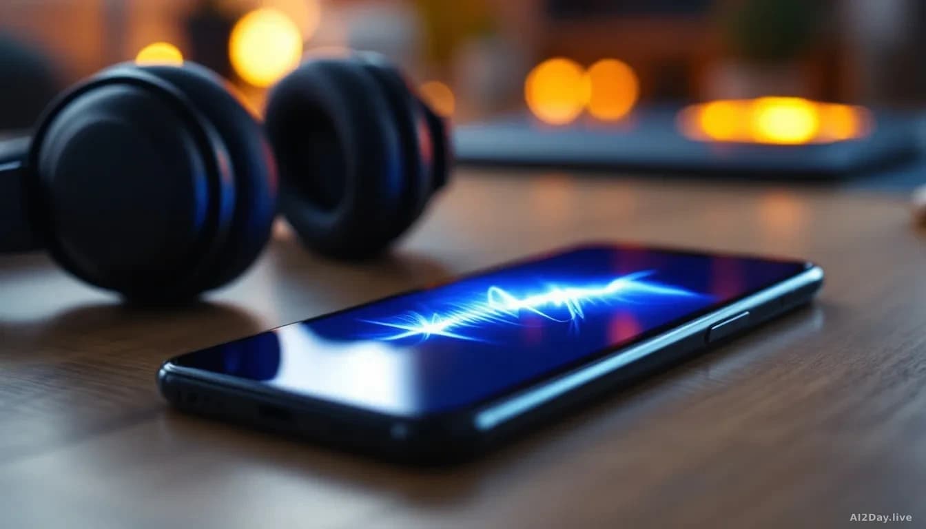 A close-up, editorial-style photograph of a modern smartphone lying flat on a wooden desk, its screen glowing softly with a sound-wave visualisation in blue and
