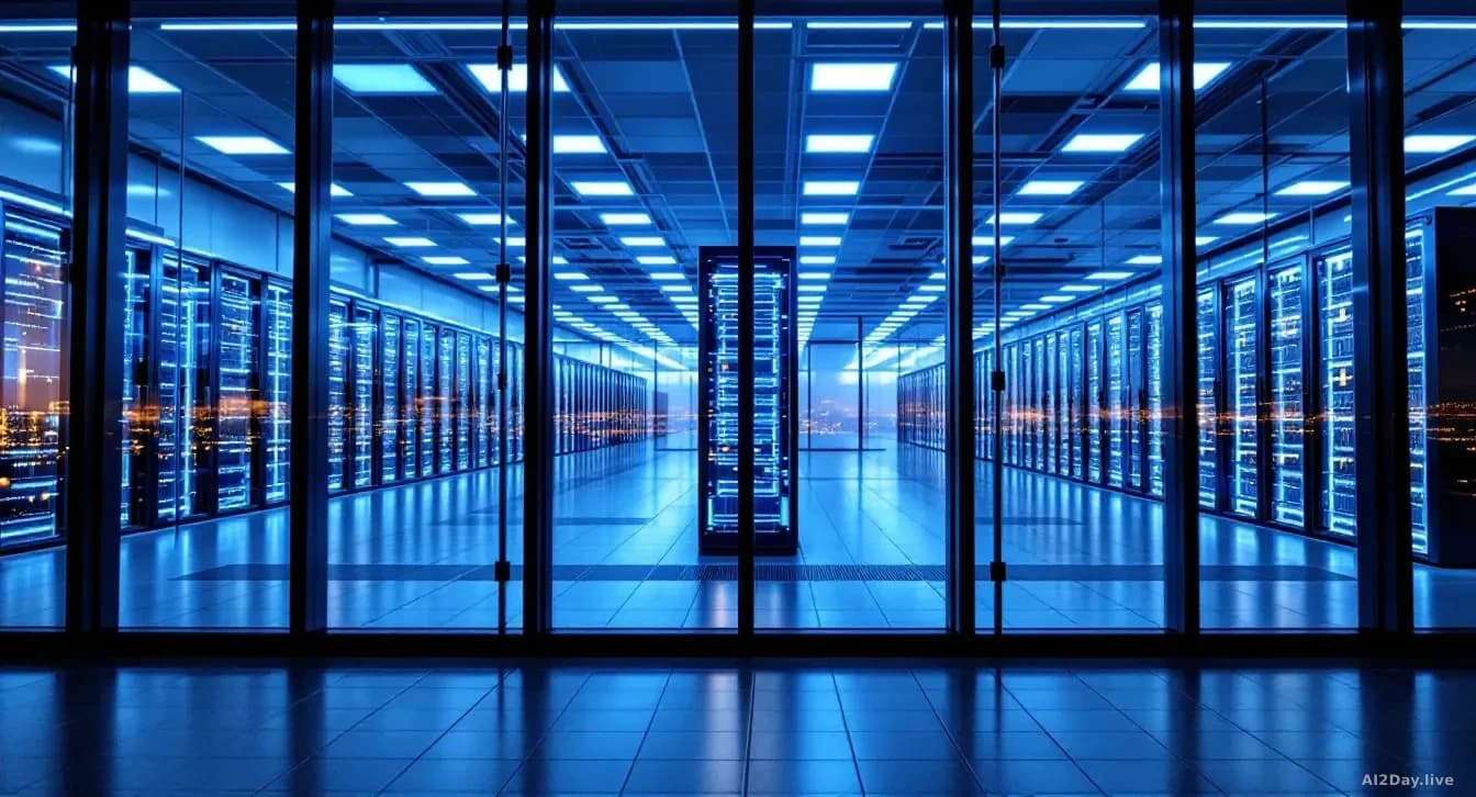 A glass-walled server room viewed from outside at night, rows of illuminated blue and white rack servers visible through the glass, data-center indicator lights