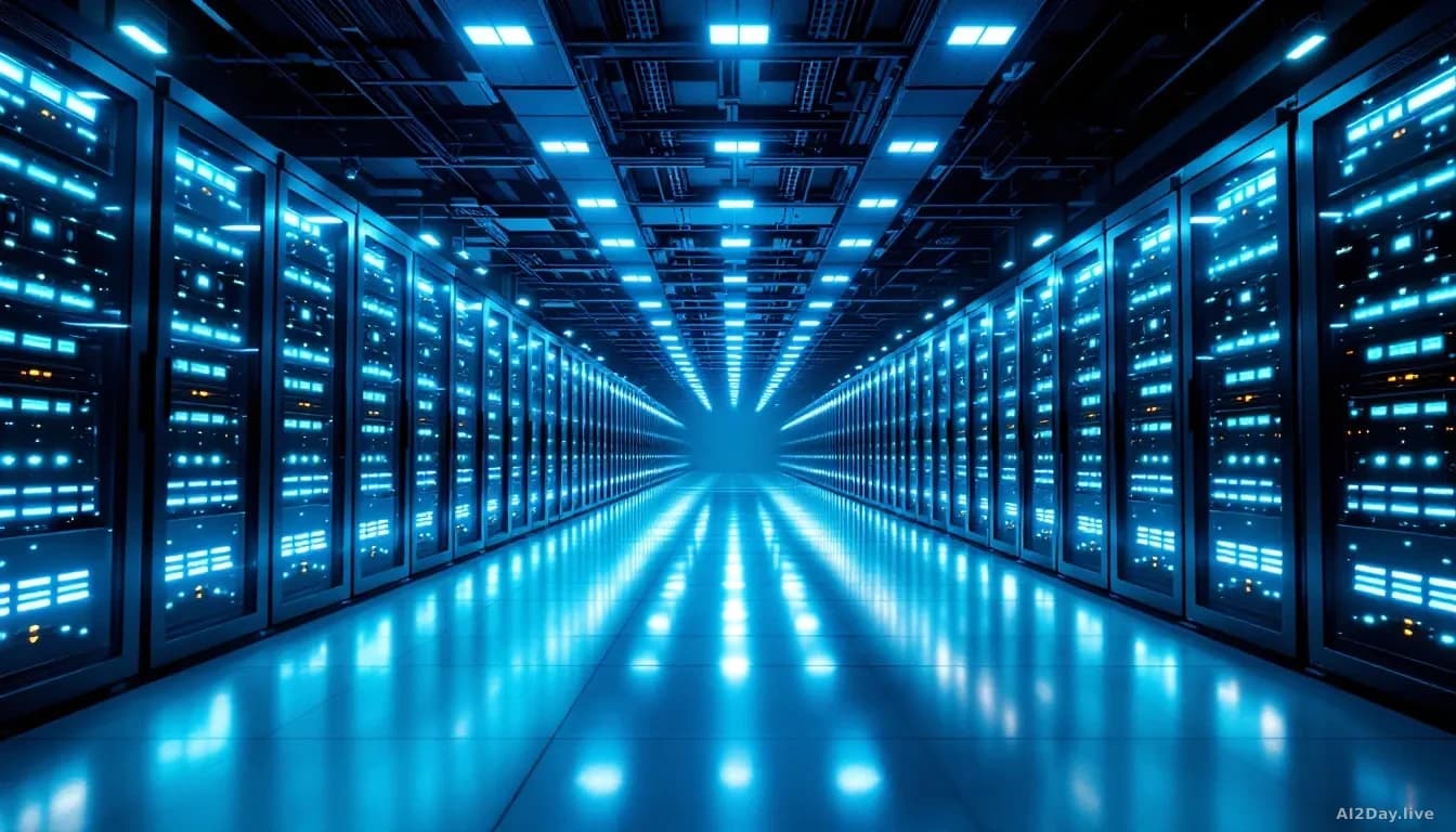 A vast, modern data centre interior at night, rows of illuminated server racks stretching to the horizon, cool blue and white lighting reflecting off polished f