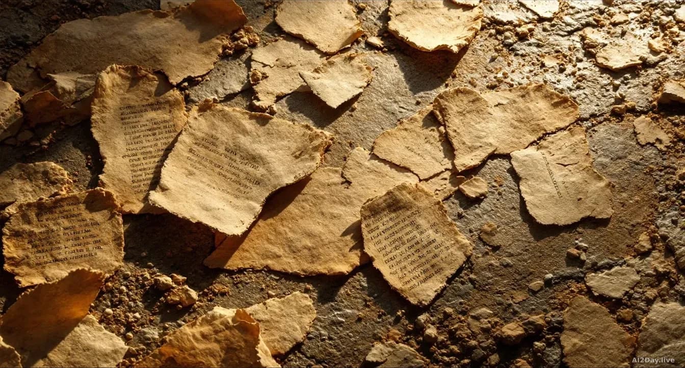 Photoreal news-editorial 16:9 image of ancient Greek papyrus fragments spread across a stone surface under warm archival lighting, some fragments torn and faded