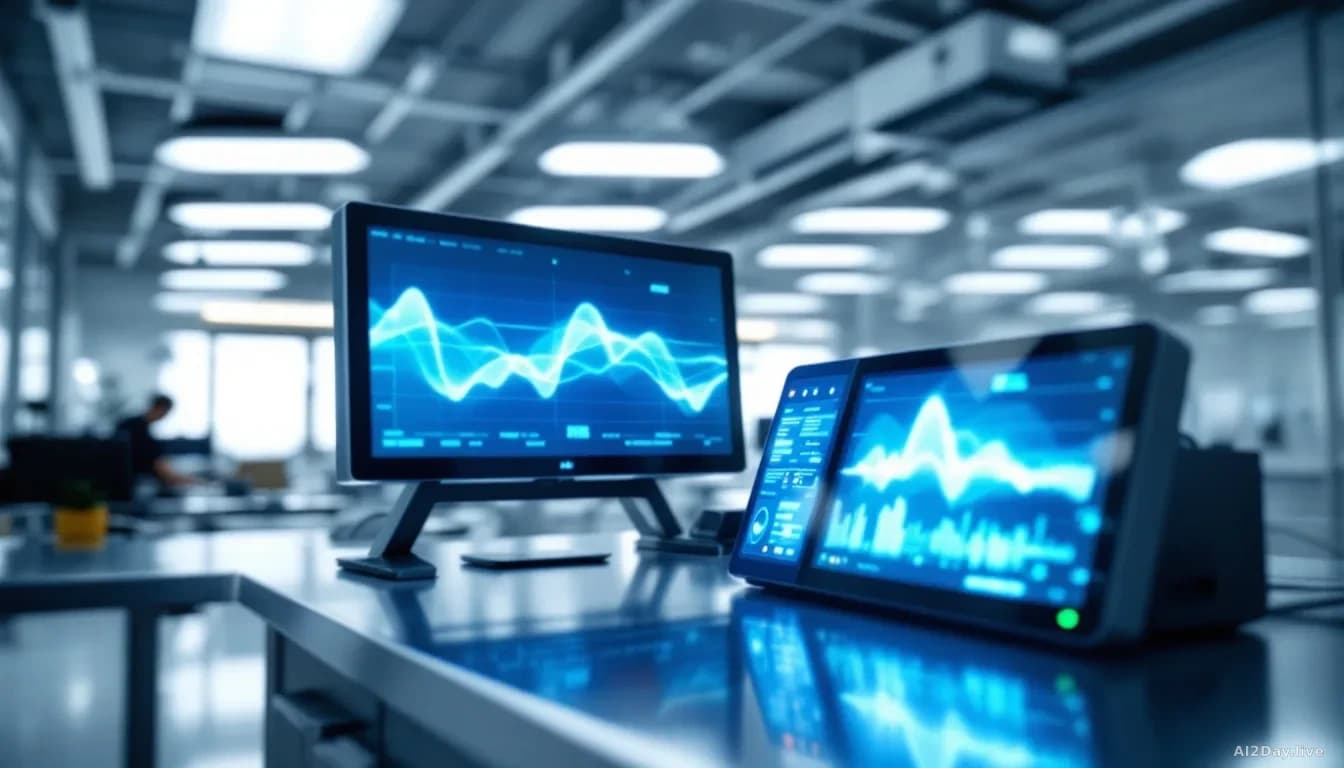 A close-up, photoreal, news-editorial style 16:9 image of a modern biometric sensor array on a clean metal desk in a sterile government office setting