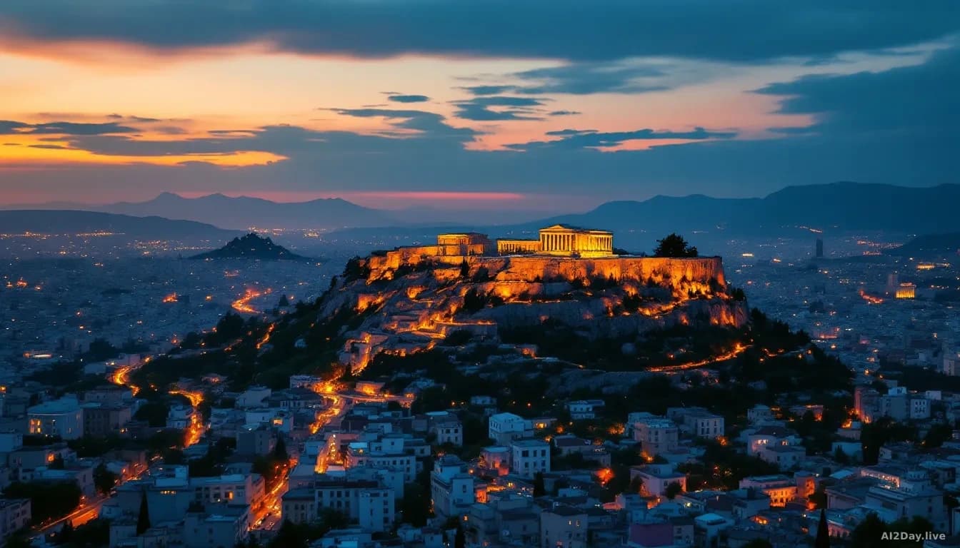 Aerial 16:9 editorial photograph of the Acropolis of Athens at dusk, modern city lights spreading across the basin below, warm amber and deep blue sky, photorea