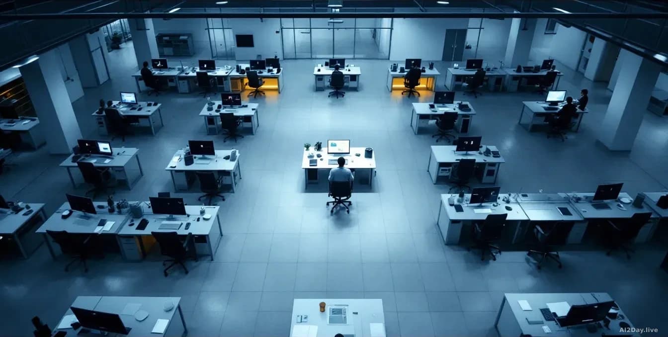 A large open-plan office photographed from above at a slight angle, most desks tidy and unoccupied in the foreground, a single illuminated workstation in the mi
