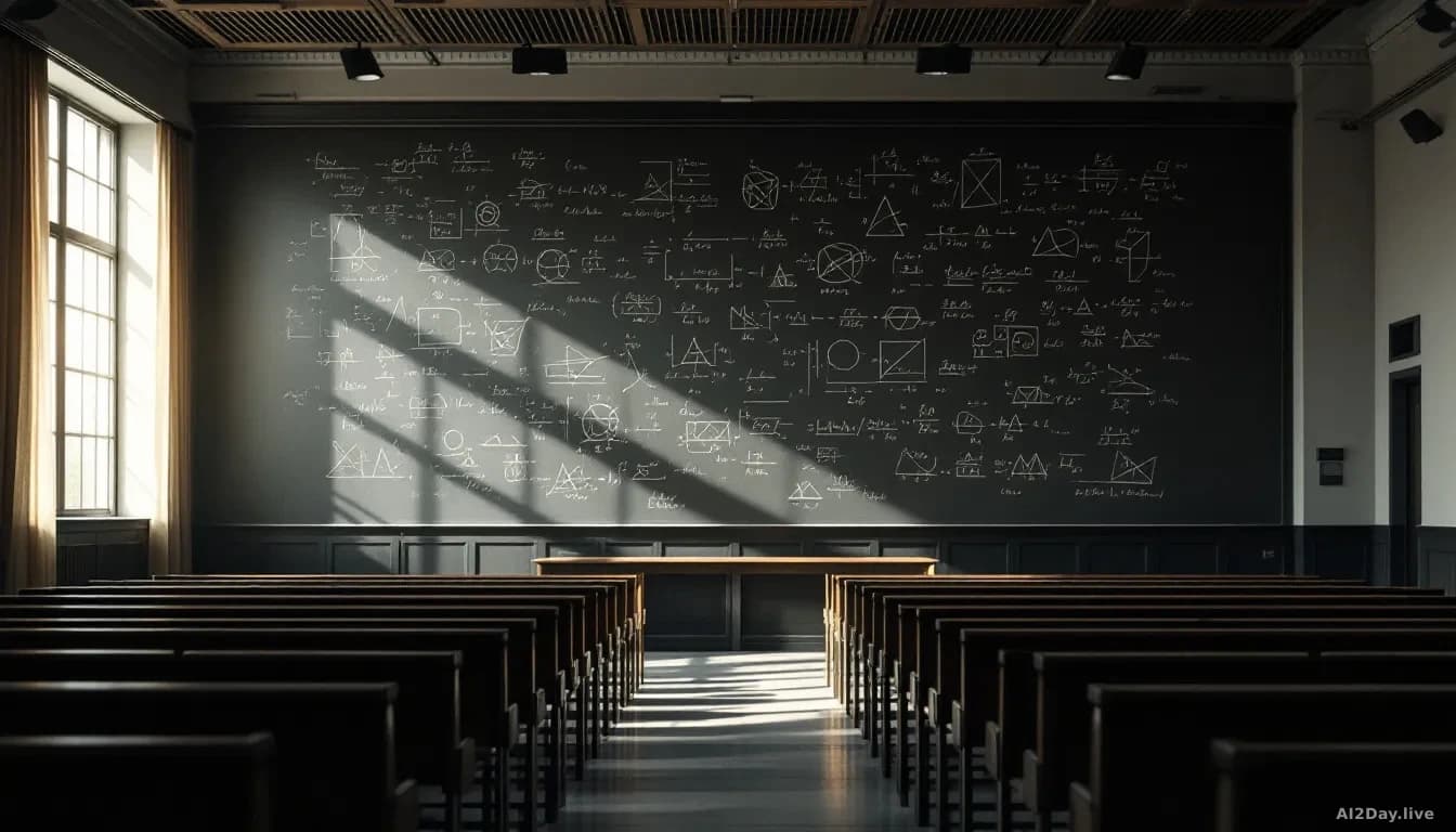 A vast, empty university lecture hall photographed from the back of the room, rows of dark wooden seats facing a large blackboard covered edge to edge in dense 