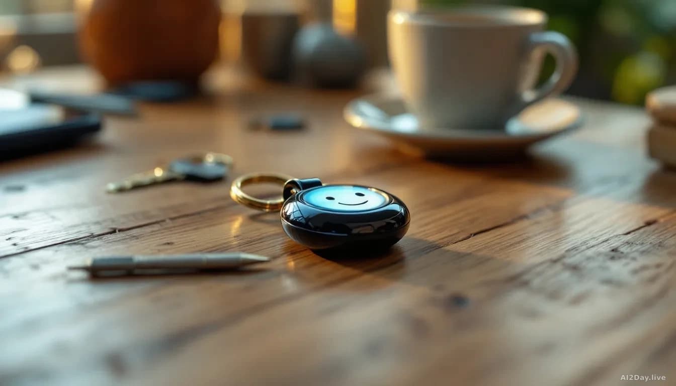 A small glossy keychain device resting on a wooden table, its tiny rounded screen glowing softly with a simple animated face icon, surrounded by everyday object