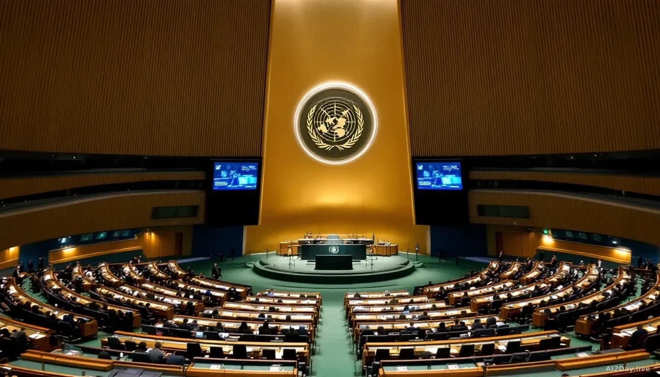 A wide-angle 16:9 editorial photograph of the United Nations General Assembly hall taken from above and behind the delegates, showing curved rows of national pl