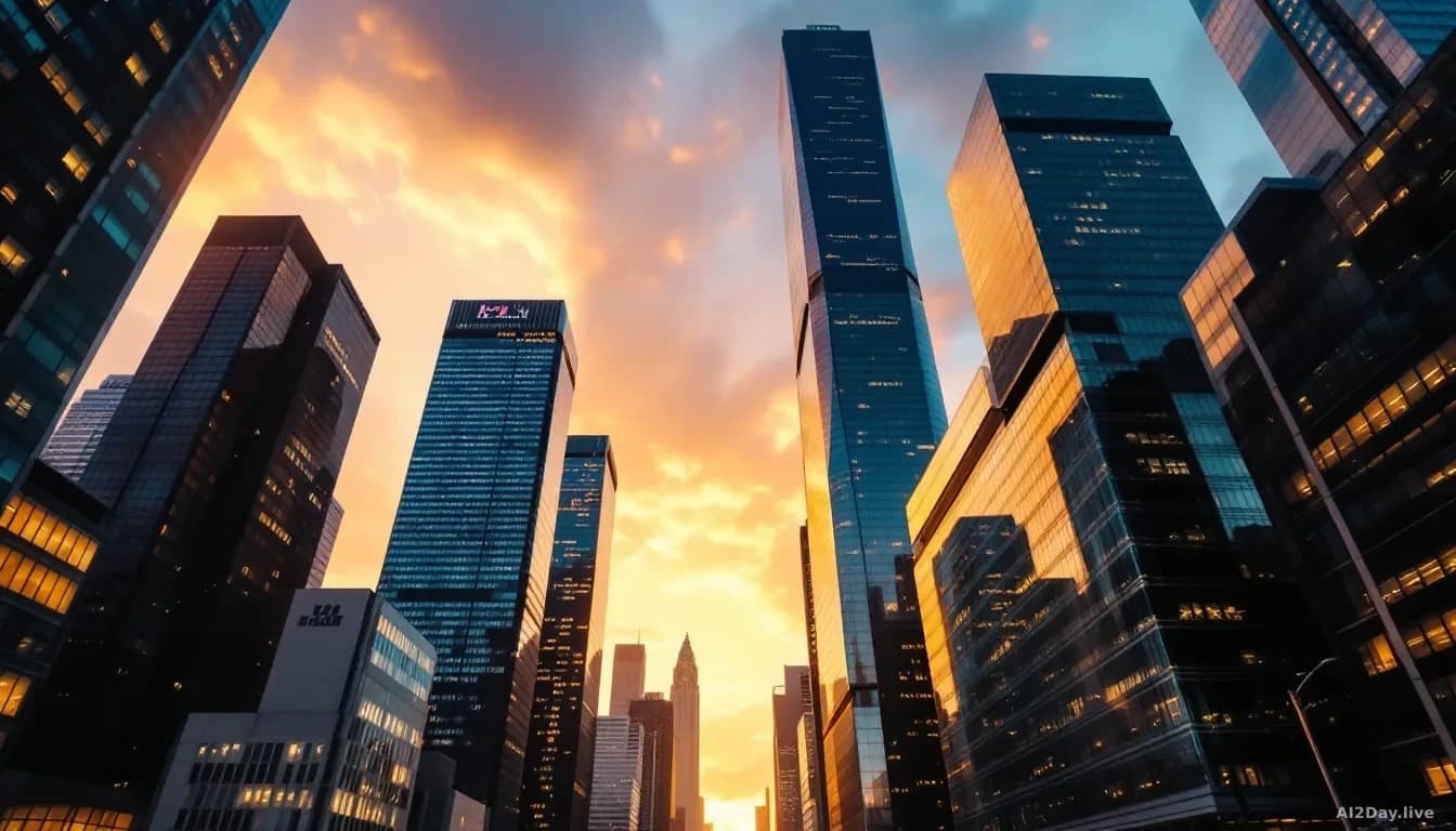 A vast, modern glass-and-steel financial district skyline at dawn, shot from street level looking upward, warm gold light catching the upper floors of anonymous